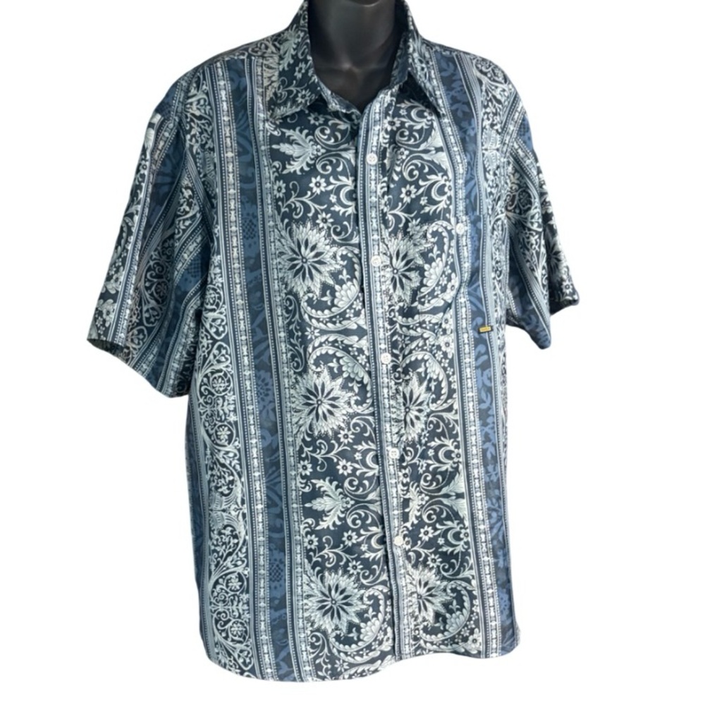 Tavaru Hawaiian aloha shirt distinct blue white "tapa" or tribal-inspired  print